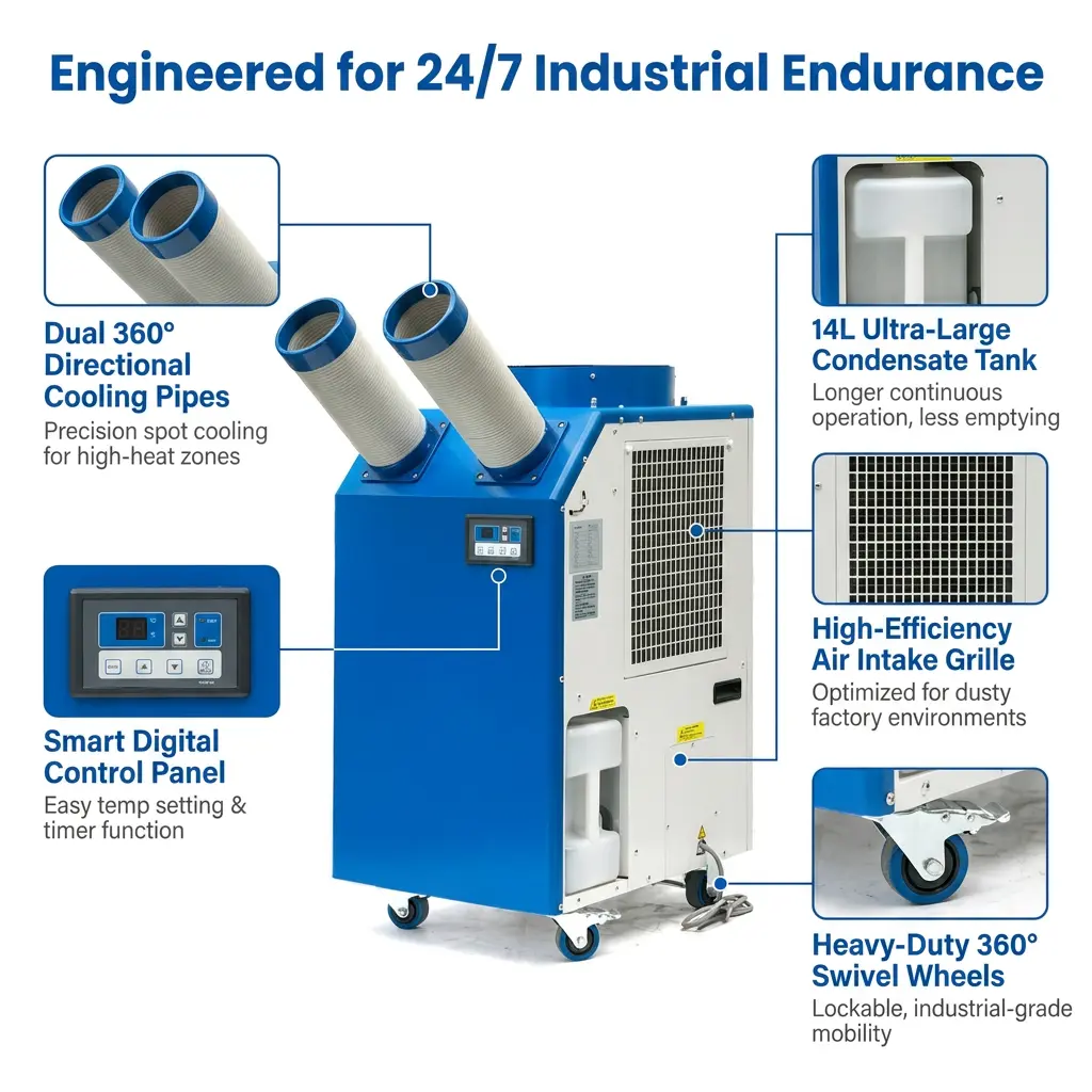 OEM 14L Malaking Tank 2700W Power 9300BTU Rotary Compressor Portable Spot Cooler Industrial Air Conditioner para sa Workshop